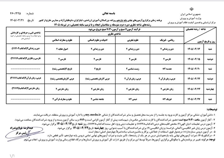 برنامه امتحانات نهایی دانش آموزان (1)