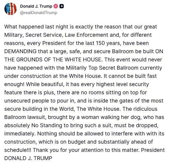 ترامپ از حادثه دیشب برای پروژه سالن رقصش استفاده کرد