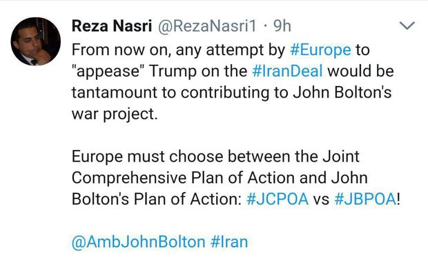 اروپا باید میان برنامه جامع اقدام مشترک و برنامه اقدام جان بولتون یکی را انتخاب کند!