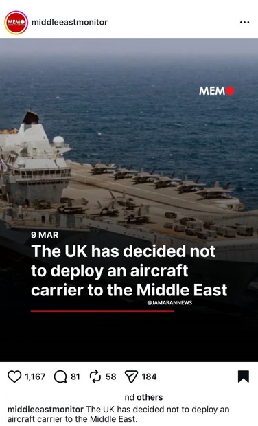 انگلیس تصمیم گرفته ناو هواپیمابر خود را به خاورمیانه اعزام نکند + عکس