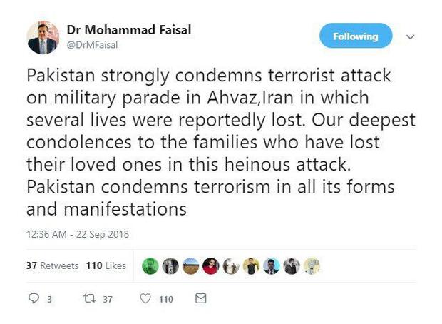 وزارت خارجه پاکستان حمله تروریستی به رژه اهواز را محکوم کرد