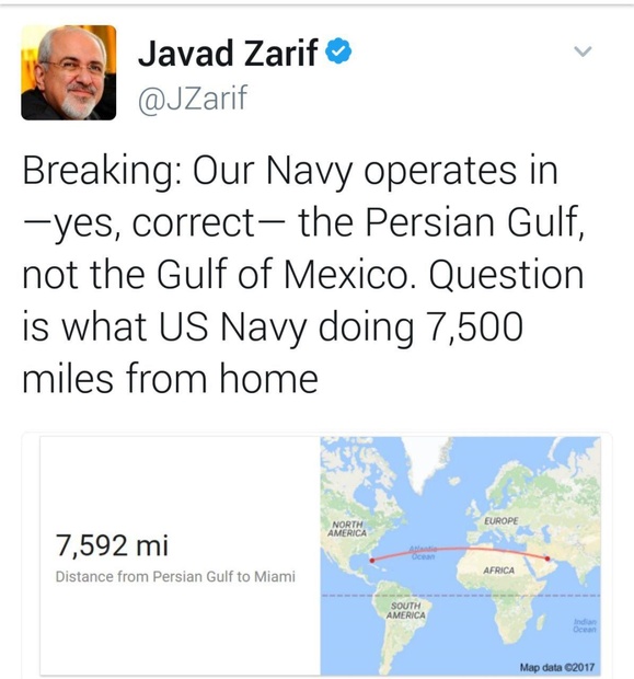 پست توییتری ظریف درباره حضور آمریکا در خلیج‌فارس+عکس