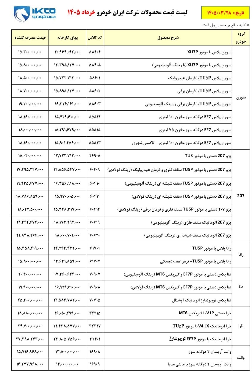 قیمت جدید محصولات ایران خودرو اعلام شد (خرداد - تیر 1405)