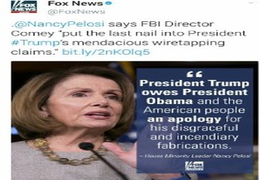 پلوسی : مدیر اف بی ای میخ اخر را به ادعای ترامپ در باره شنود کوبید
