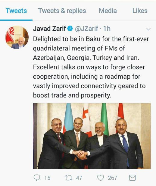 رضایت ظریف از نخستین نشست چهارجانبه وزرای خارجه آذربایجان، گرجستان، ترکیه و ایران