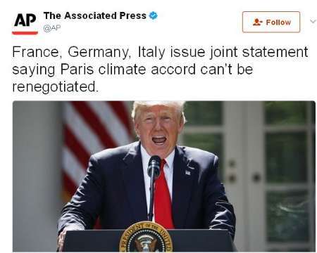 آلمان، فرانسه و ایتالیا در بیانیه ای مشترک:توافق پاریس قابل مذاکره نیست