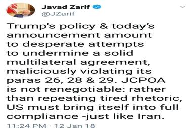 واکنش ظریف به زیاده‌خواهی‌های ترامپ: برجام قابل مذاکره مجدد نیست