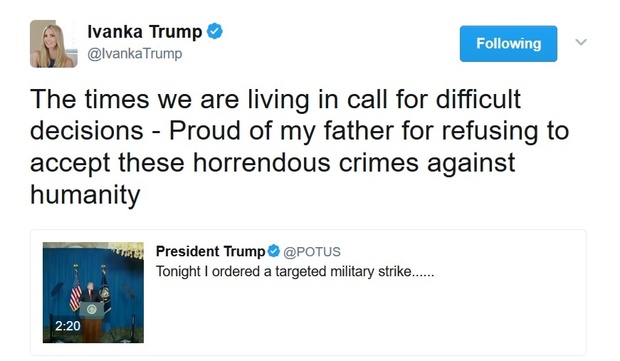 واکنش توییتری دختر ترامپ به حمله موشکی آمریکا+عکس