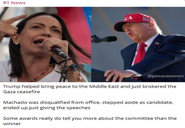 ناراحتی شبکه رسمی روسیه از شکست ترامپ در رسیدن به نوبل: ترامپ صلح را به خاورمیانه برد، ماچادو که فقط سخنرانی کرده بود!