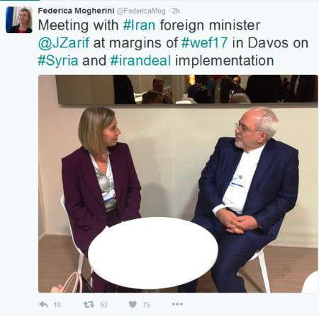 موگرینی با انتشار عکسی در صفحه توئیتر خود از دیدار با ظریف درباره سوریه نوشت